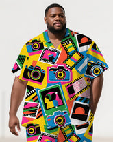 Men's Colorful Cartoon World Camera Printed Big & Tall Short-Sleeve Shirt Pants 2-Piece Sets